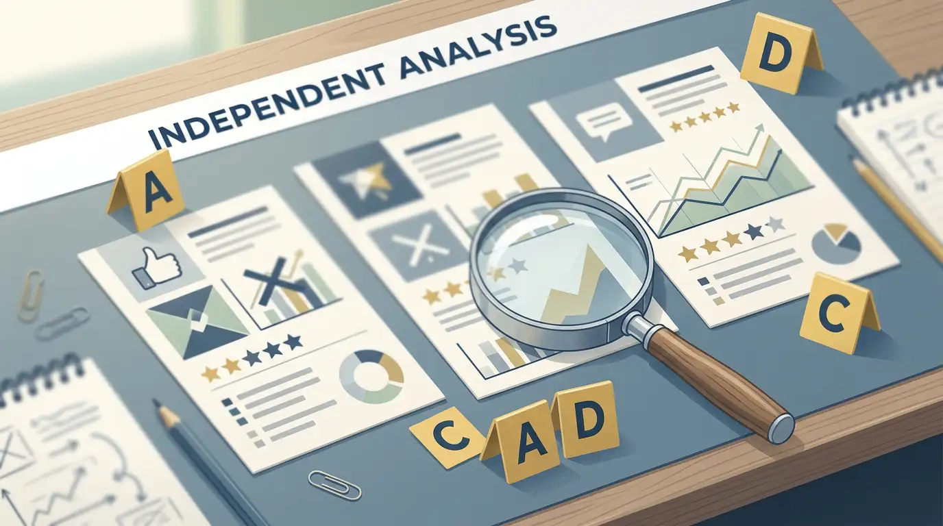 Editorial illustration of comparing mixed online reviews and evidence